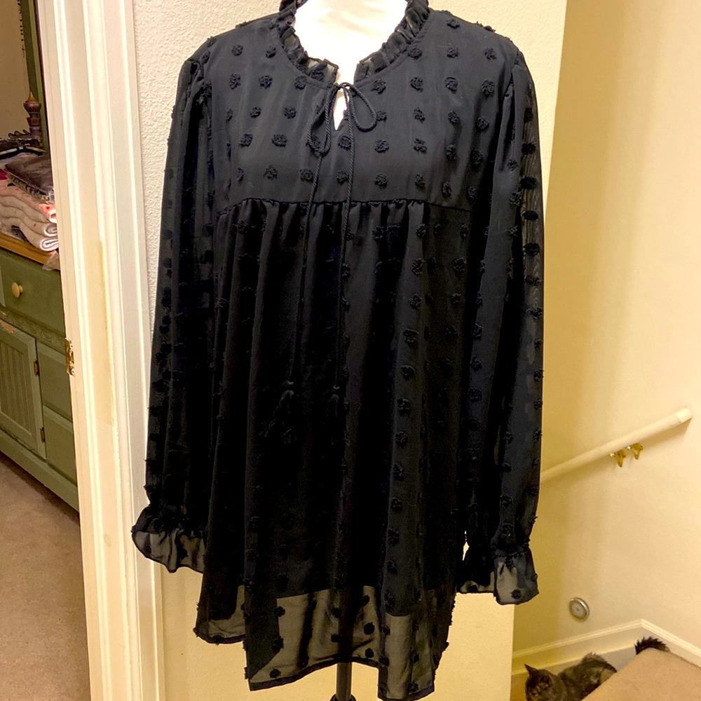 SHEIN Modely Plus Tie Neck Swiss Dot Peplum Blouse